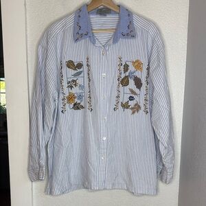 Striped Embroidered Botanical Button Up Blouse Cottagecore Fall Top Shirt Boho